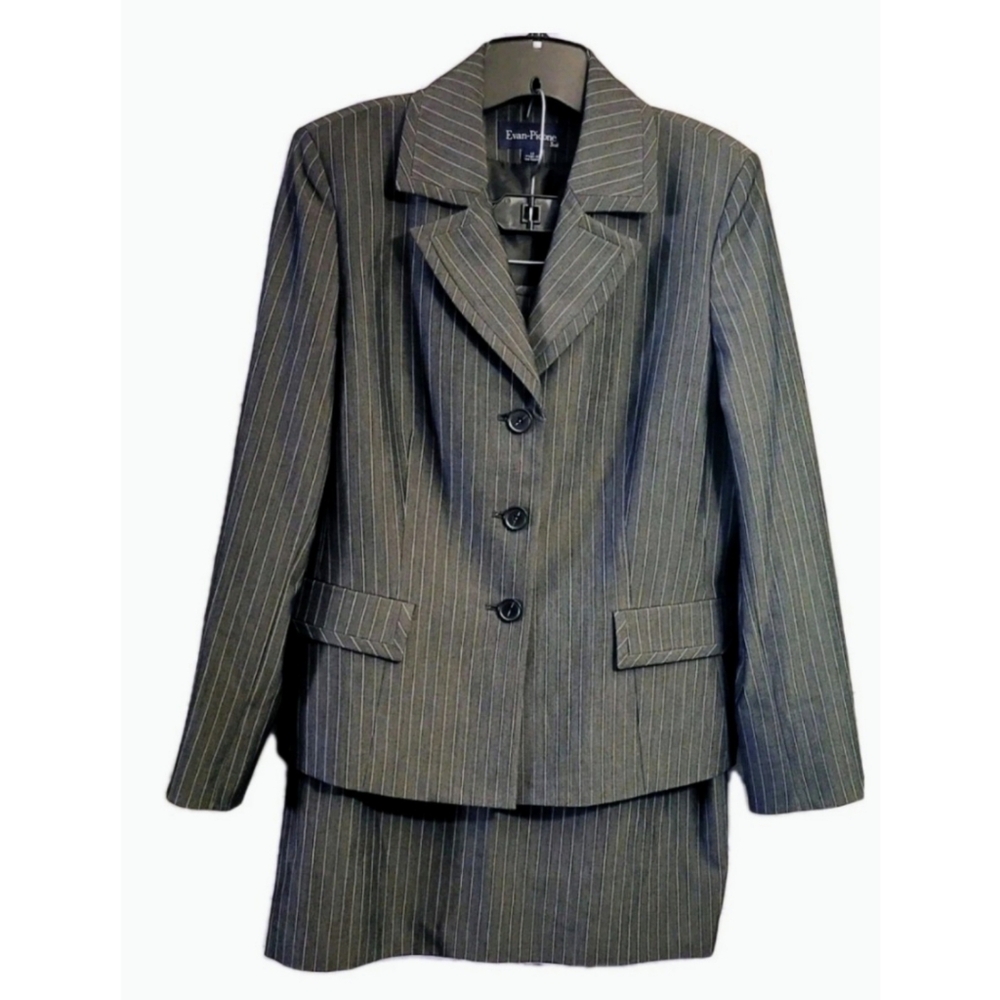 Evan Picone Pinstrip Blazer Skirt Suit Set Size 12 Gray Career Business Church